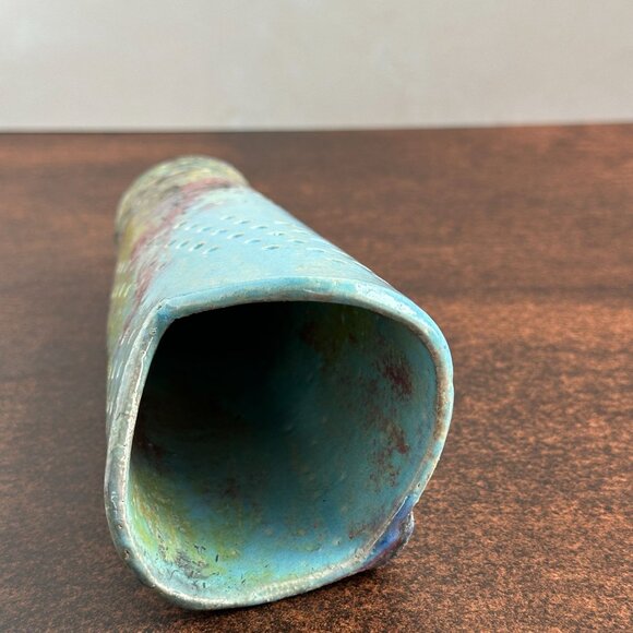 Studio Pottery Vase 8", Blue Yellow Pierced Ceramic - Picture 9 of 9